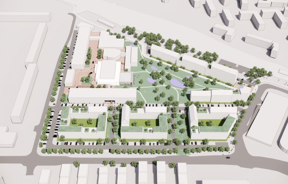 Fugleperspektiv af ny bydel set fra syd